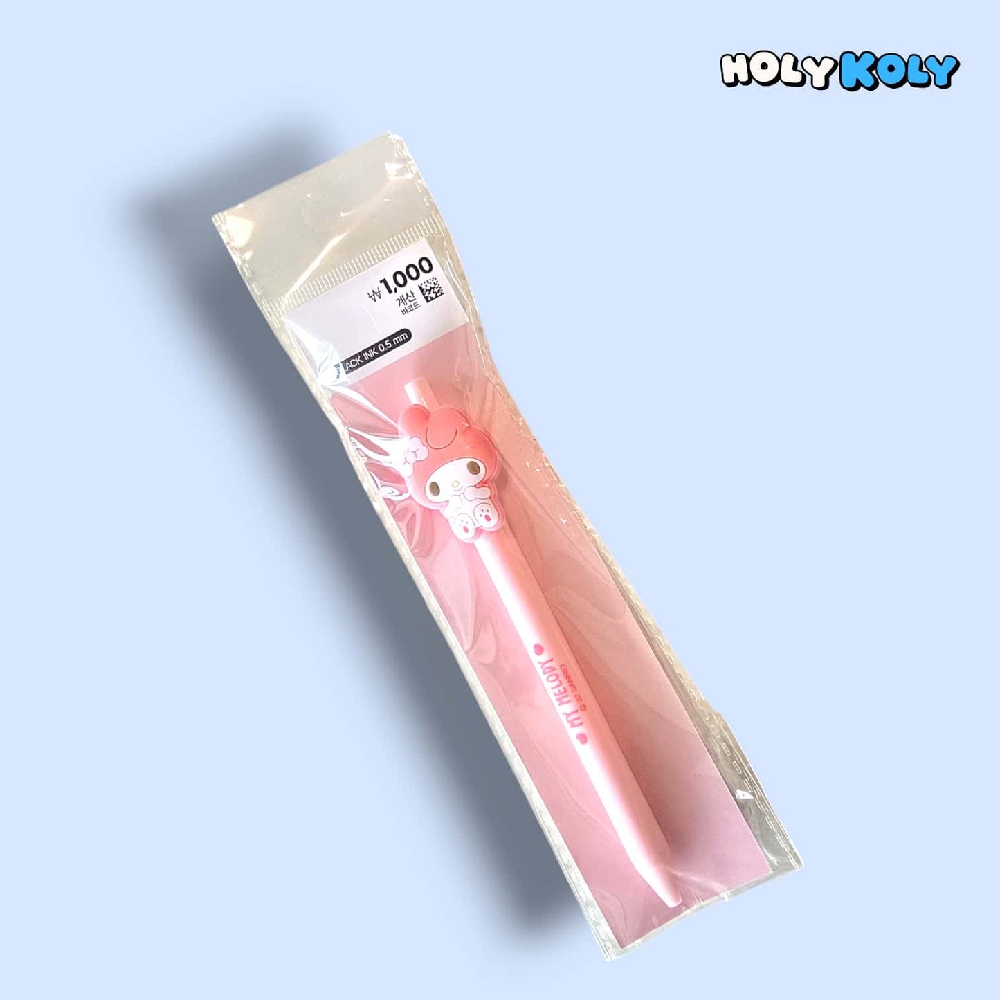 daiso korea sanrio 0.5mm cute pen in pink packaging with My Melody character topper and Korean daiso price tag