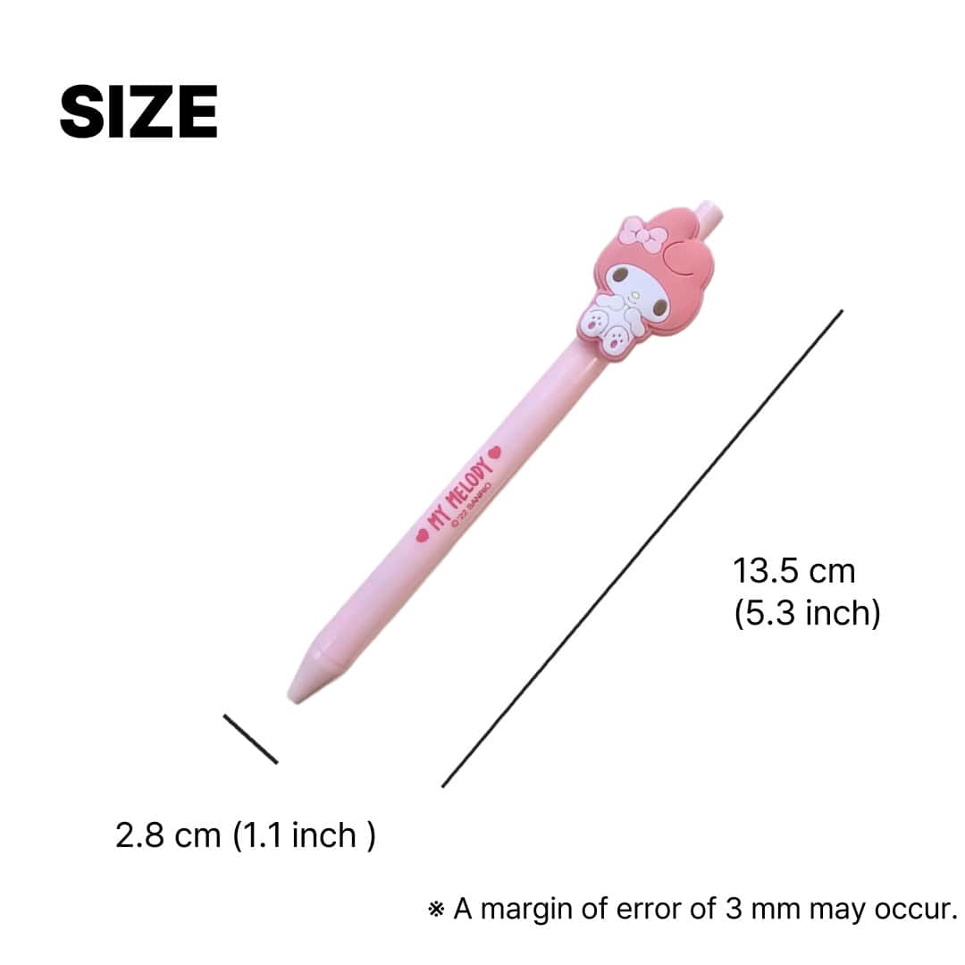 daiso korea sanrio cute pen size guide showing 13.5cm length and 2.8cm width with My Melody topper