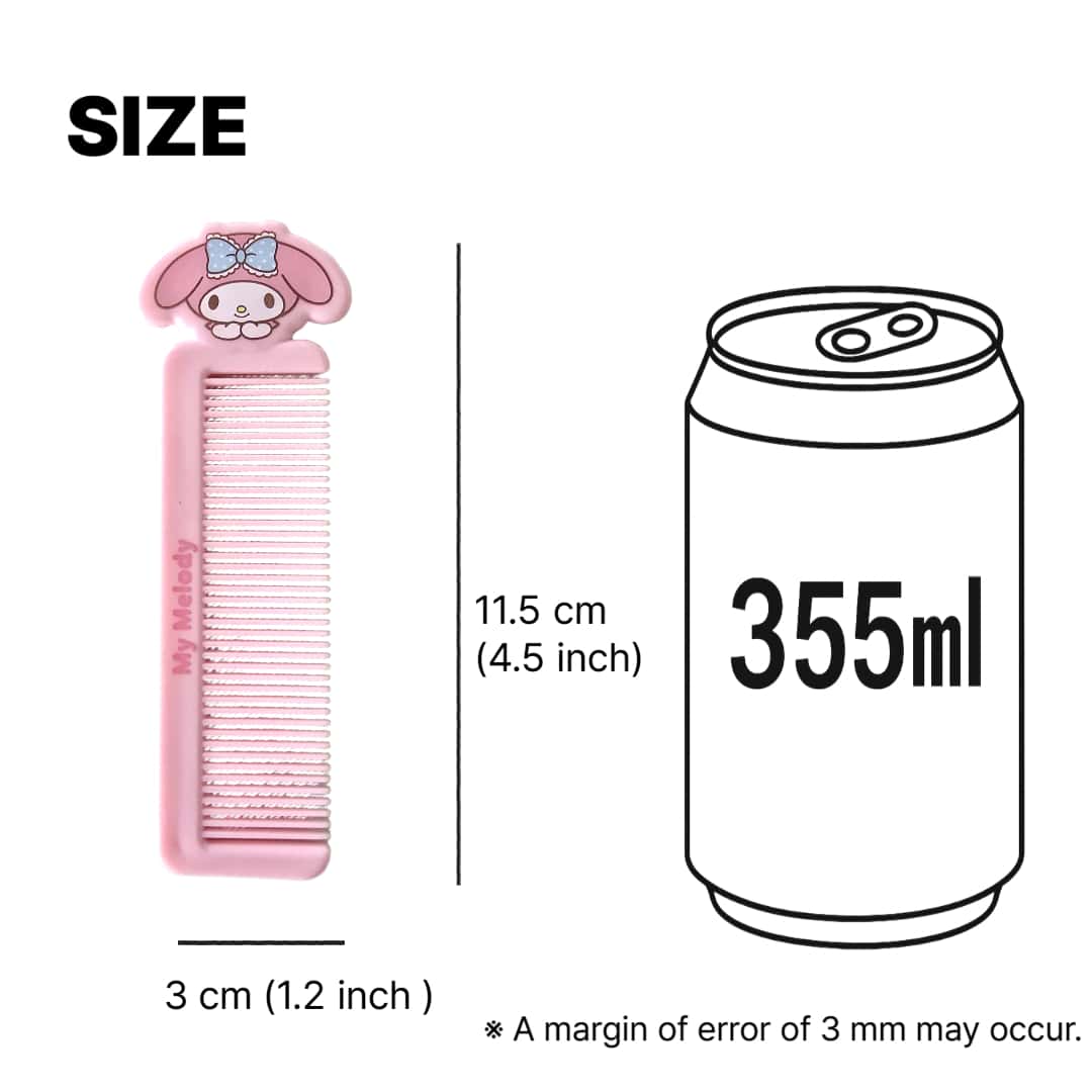 daiso korea sanrio My Melody hair comb size chart showing 11.5cm length compared to 355ml can