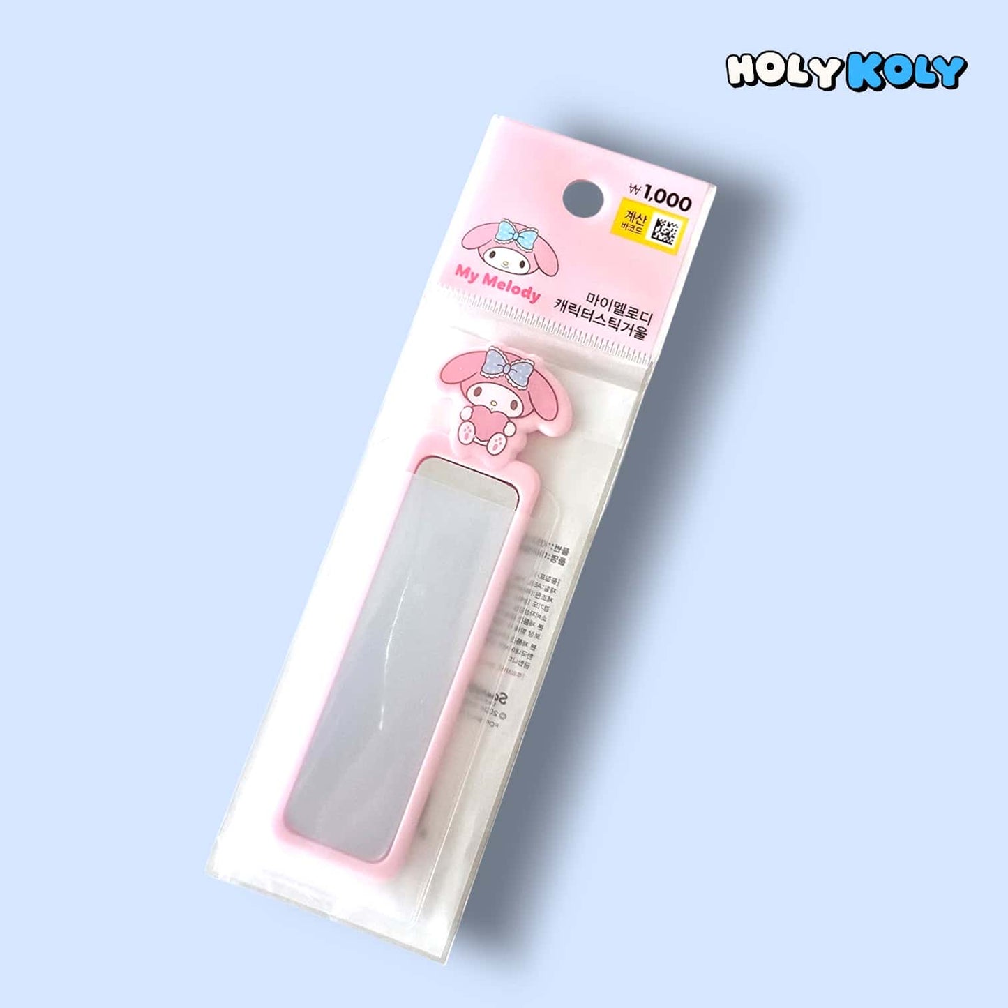 daiso korea sanrio My Melody stick mirror in clear retail packaging with price tag and product details
