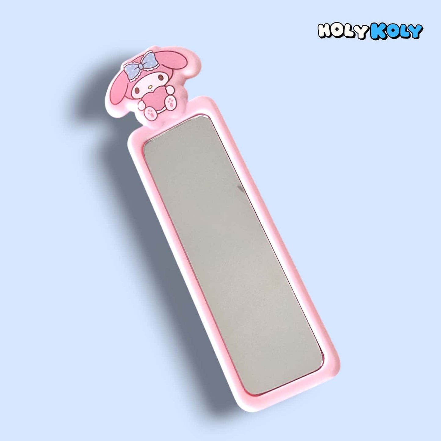 daiso korea sanrio My Melody stick mirror featuring pink frame and cute bunny character with blue ribbon