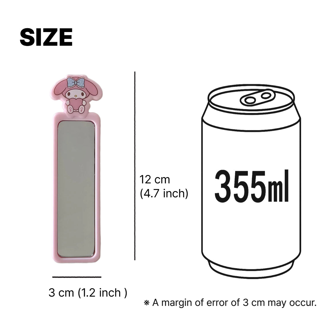 daiso korea sanrio My Melody mirror size comparison showing compact 12cm length beside soda can