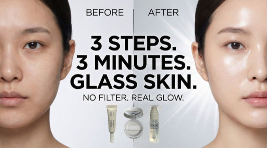 Jung Saem Mool 3 step glass skin routine before and after Korean base makeup with real dewy glow