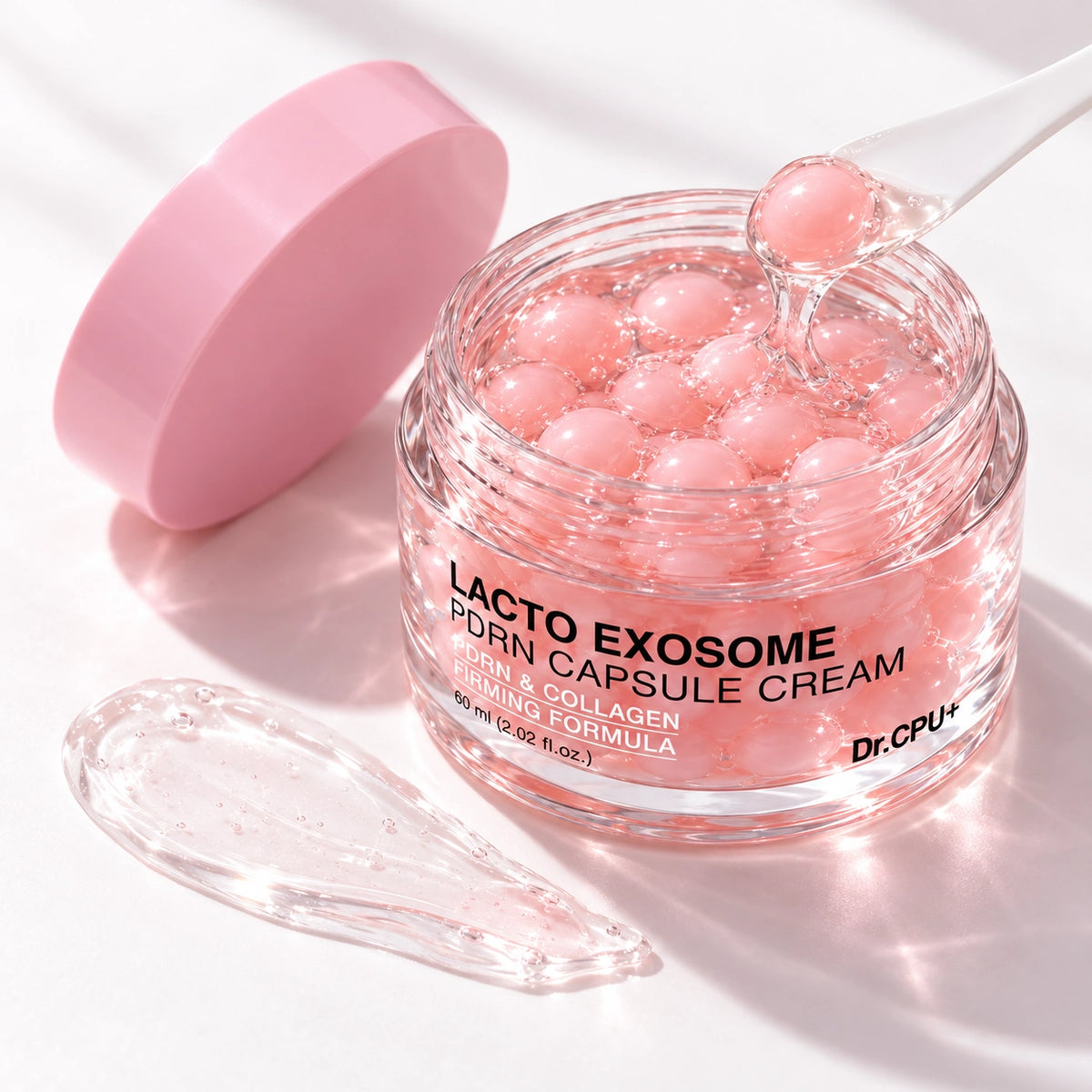 Close-up of bouncy exosome capsules melting into clear hyaluronic acid gel, Korean capsule cream texture