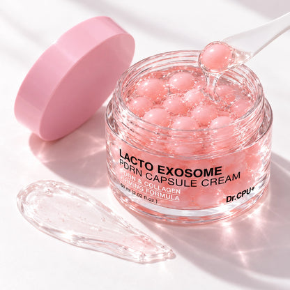 Close-up of bouncy exosome capsules melting into clear hyaluronic acid gel, Korean capsule cream texture