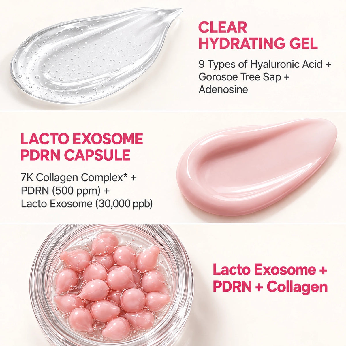 Flat lay of salmon PDRN, collagen and niacinamide skincare ingredients for plump, hydrated skin