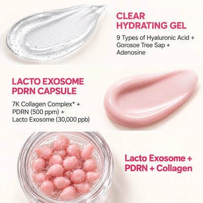 Flat lay of salmon PDRN, collagen and niacinamide skincare ingredients for plump, hydrated skin