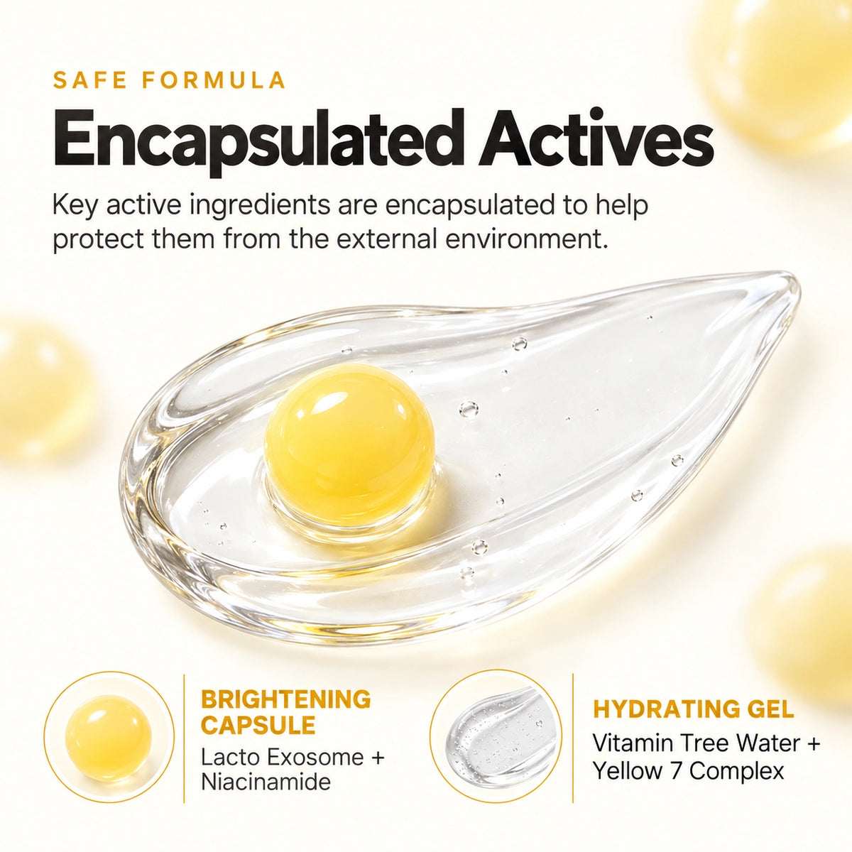 Yellow capsules dissolving into clear gel, Korean brightening capsule cream texture close-up