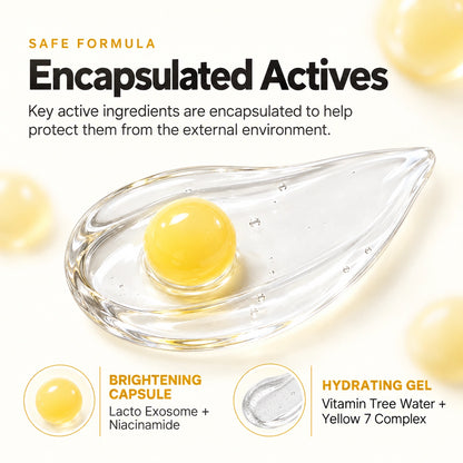 Yellow capsules dissolving into clear gel, Korean brightening capsule cream texture close-up
