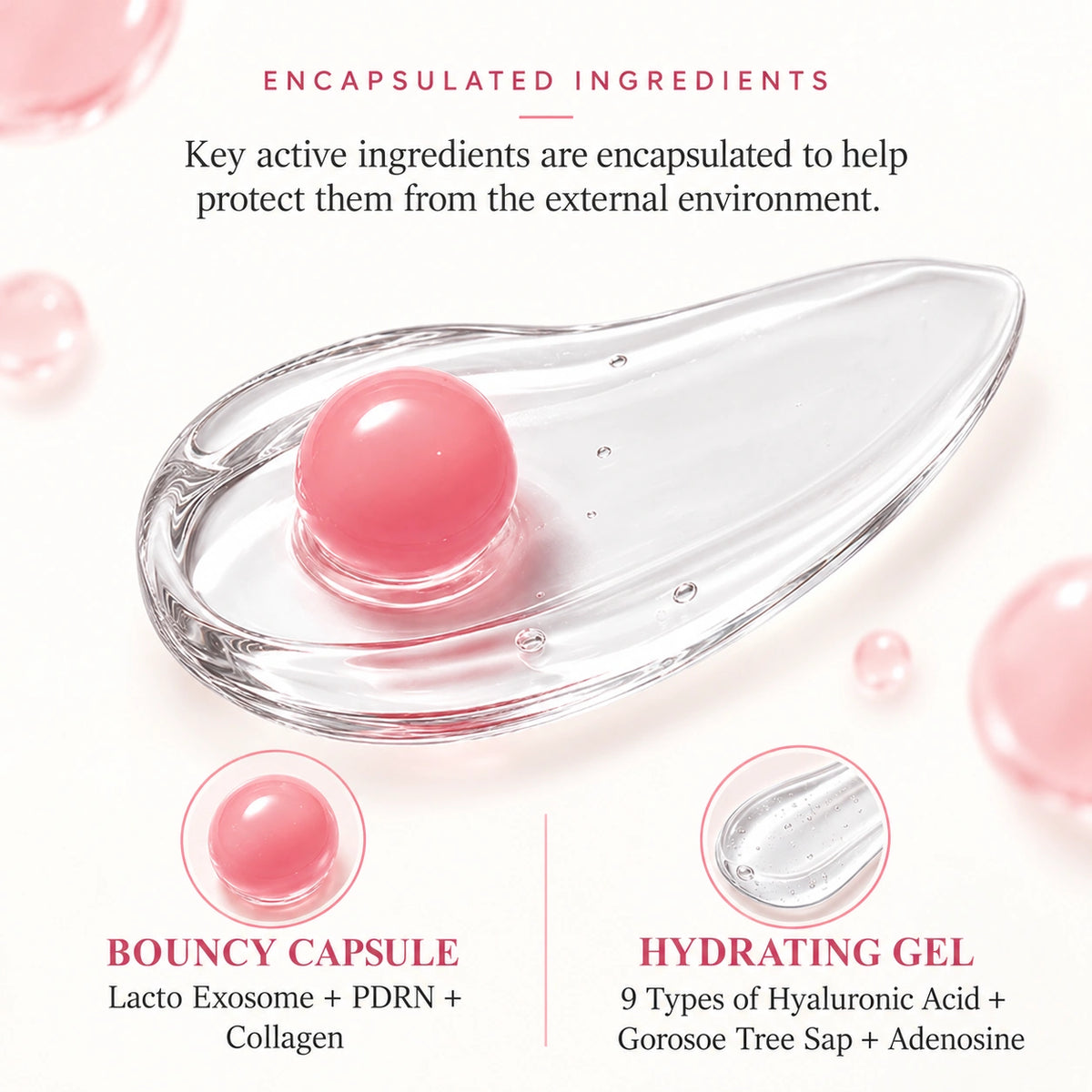 Close-up of bouncy exosome capsules melting into clear hyaluronic acid gel, Korean capsule cream texture