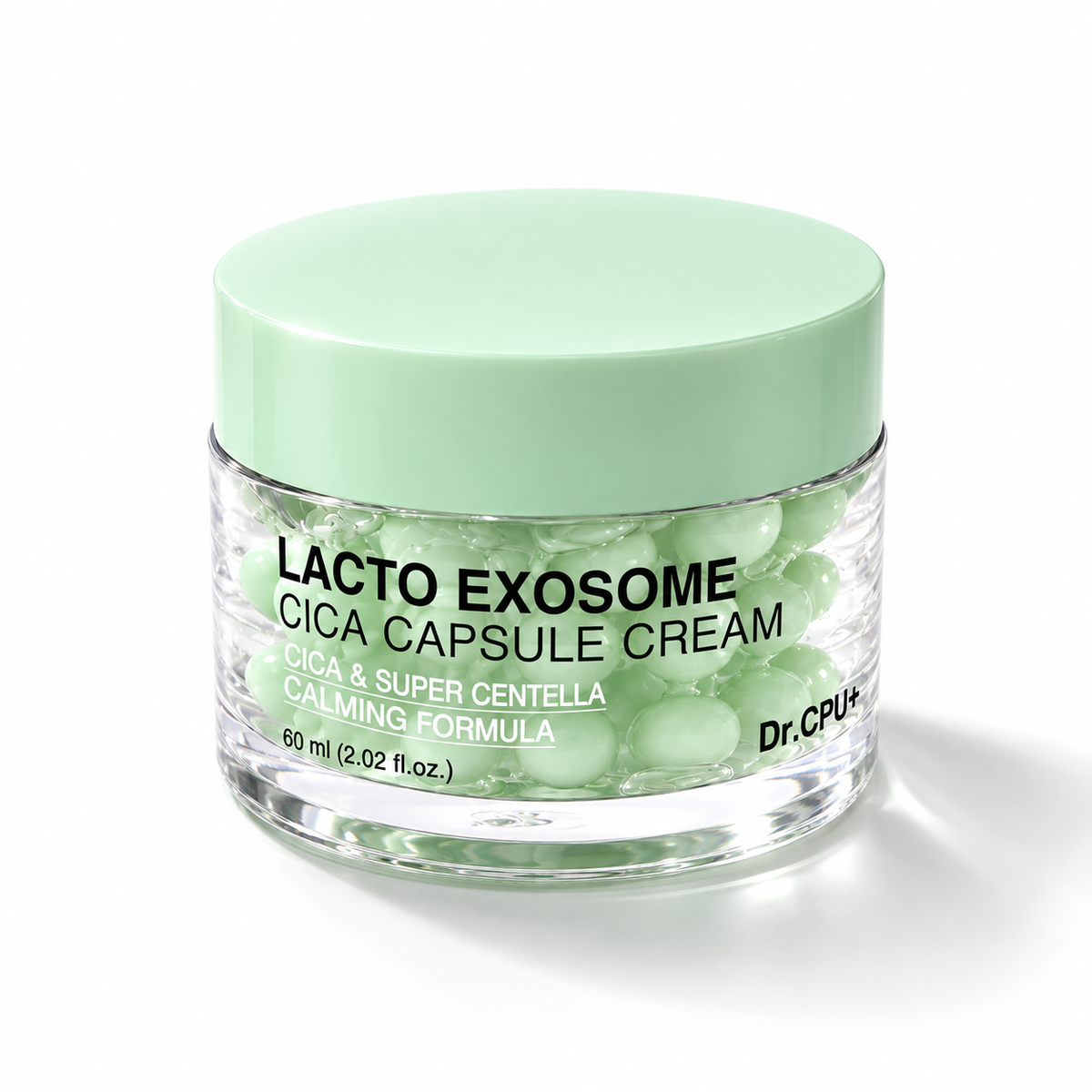 Green cica capsules melting into a cooling water gel, soothing Korean moisturizer texture close-up