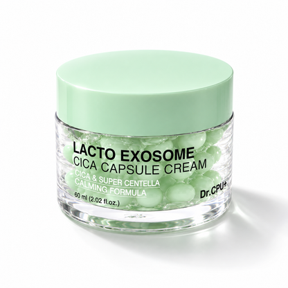 Green cica capsules melting into a cooling water gel, soothing Korean moisturizer texture close-up