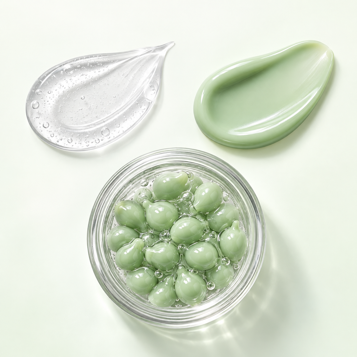 Spatula blending cica capsules and gel on the back of the hand, how to use a Korean capsule cream