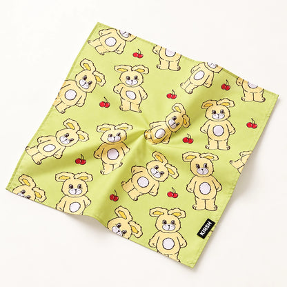 Flat lay of blue and green Witty Bunny cotton handkerchiefs with cherry details, cute bunny handkerchief
