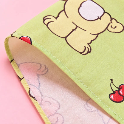 Flat lay of blue and green Witty Bunny cotton handkerchiefs with cherry details, cute bunny handkerchief