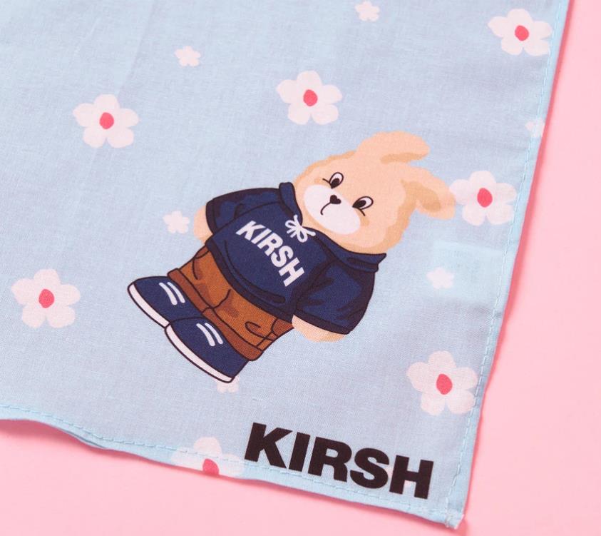 Flat lay of blue and green Witty Bunny cotton handkerchiefs with cherry details, cute bunny handkerchief